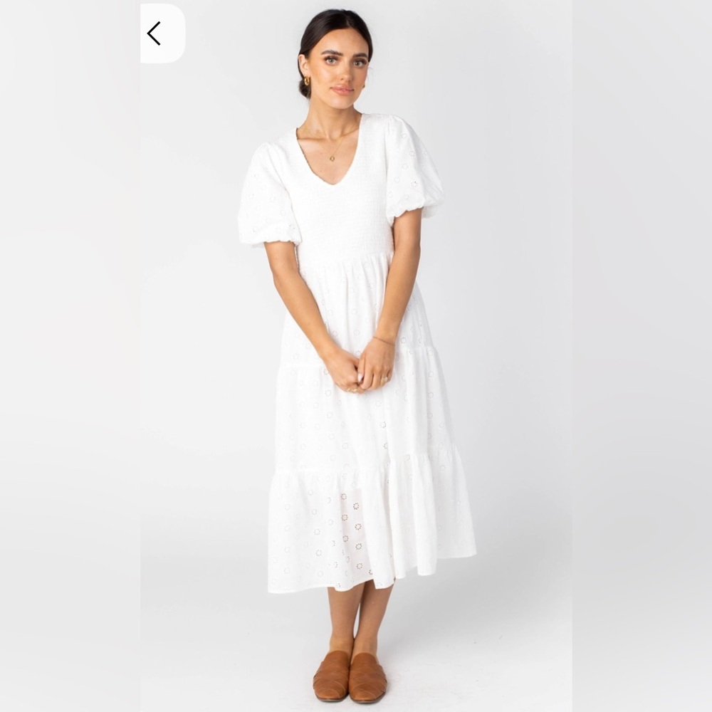 Brass & Roe Ella Eyelet Smocked Dress in White- Size XL- Worn once- 100% Cotton